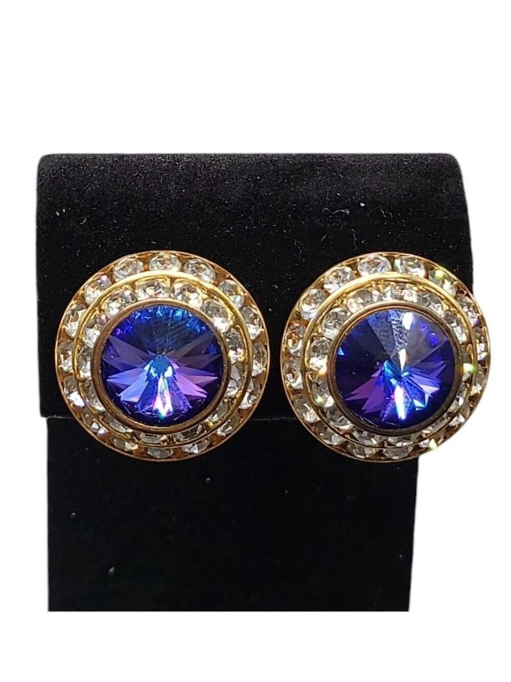 Vintage Lilac Rivoli Clip On Earrings Double Crystal Halo Domed Gold Tone - Picture 2 of 11